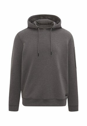 Šedá mikina s kapucňou na šnúrku, dlhými rukávmi, bežným strihom a jemnou štruktúrou. Obsahuje bočné vrecko a malú etiketu na leme.