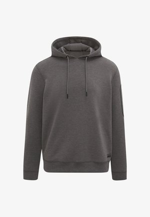 Šedá mikina s kapucňou na šnúrku, dlhými rukávmi, bežným strihom a jemnou štruktúrou. Obsahuje bočné vrecko a malú etiketu na leme.