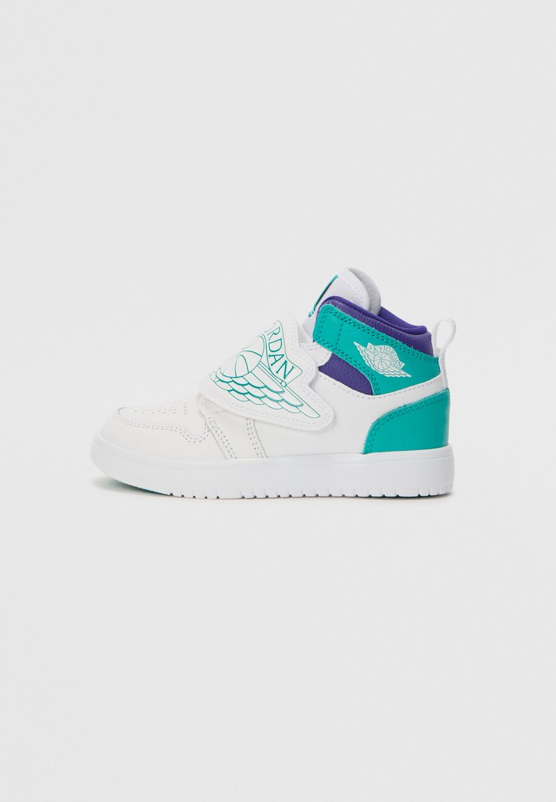 High-top sneaker in white, featuring teal and purple accents. Includes a prominent white strap with "JORDAN" logo and textured details.