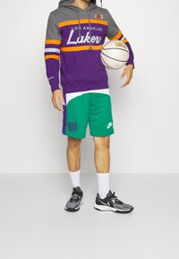 Felpa con cappuccio viola e grigia con testo "Los Angeles Lakers", pantaloncini verdi con logo Nike e scarpe sportive nere. Tiene in mano un pallone da basket.