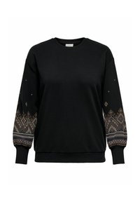 Melna sporta krekls ar rakstainām, teksturētām puff piedurknēm, kas piešķir ģeometriskus zīmējumus brūnā, zilā un baltā krāsā. Ribiņš apkaklē un piedurknēs.