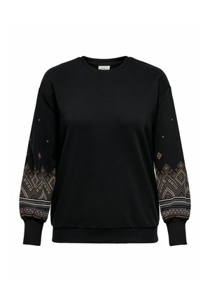 Črna pulover s kapuco z vzorčenimi, mehko pufastimi rokavi, ki imajo geometrijske vzorec v rjavi, modri in beli barvi. Žameten ovratnik in manšete.