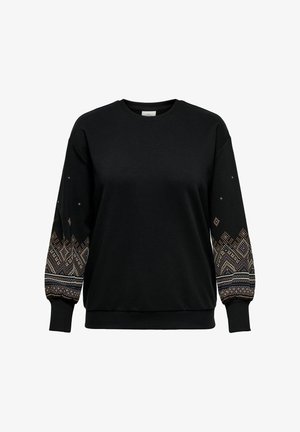 Crna dukserica sa uzorcima i teksturiranim puf rukavima sa geometrijskim dizajnom u smeškastoj, plavoj i beloj boji. Rebrasti izrez i manžeti.