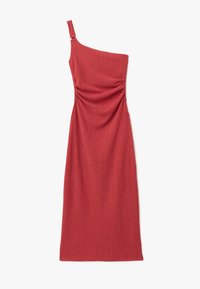 Robe rouge à un épaule, côtelée, avec des détails froncés sur le côté. Fabriquée dans un tissu texturé, elle présente une silhouette cintrée et une longueur longue.