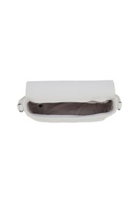 White leather handbag with a smooth texture, flap closure, and light gray fabric interior. Features stitching detail along the edges.