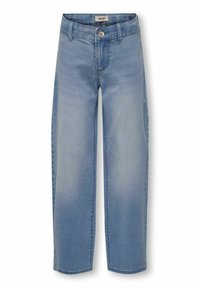 Jeans de tiro alto en azul claro con corte recto, hechos de denim. Presentan un cierre con botón de metal y bolsillos delanteros. Diseño clásico.