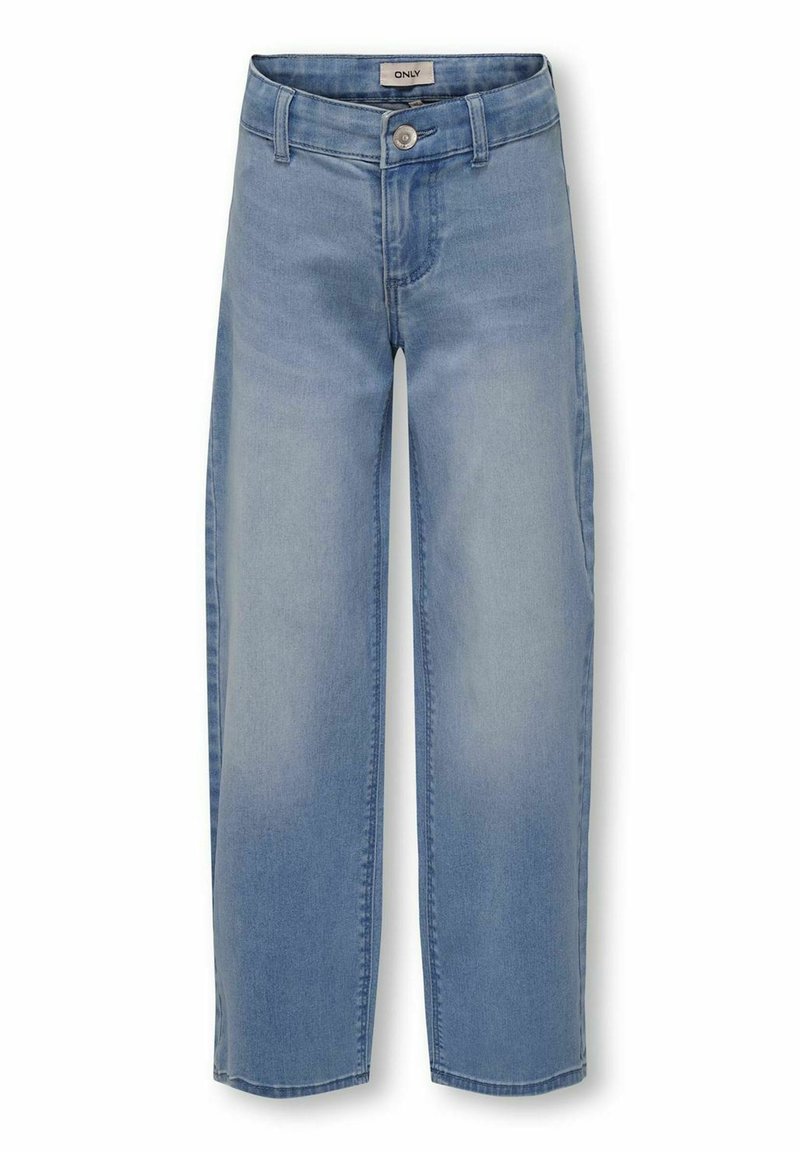 Jeans de tiro alto en azul claro con corte recto, hechos de denim. Presentan un cierre con botón de metal y bolsillos delanteros. Diseño clásico.