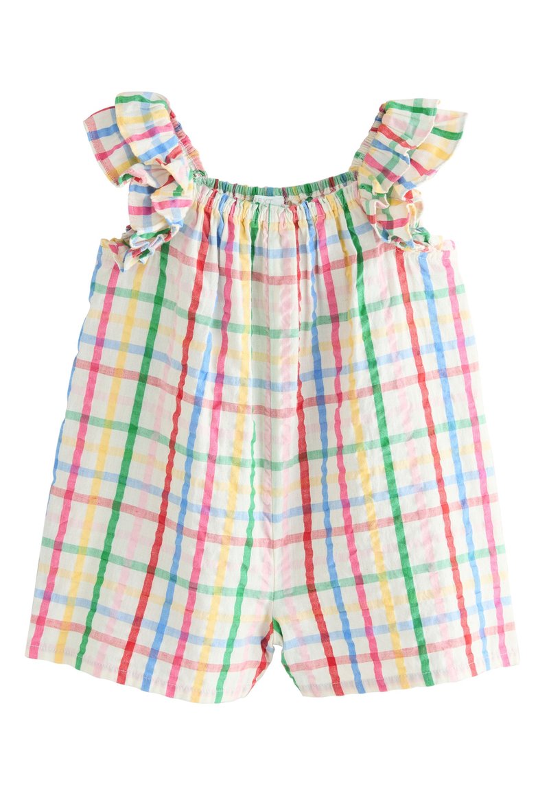 Colorful checkered romper with ruffled shoulder straps, featuring a blend of red, blue, green, and yellow on a light background.