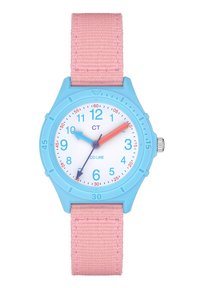 Blauwe plastic horloge met een witte wijzerplaat, lichtblauwe uurmarkeringen en een roze nylon band. Heeft uur-, minuut- en secondewijzers in verschillende kleuren.