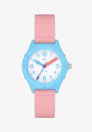 Blue plastic watch with a white dial, light blue hour markers, and pink nylon strap. Features hour, minute, and second hands in distinct colors.