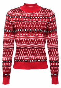 Pull rouge en maille avec un motif géométrique blanc, noir et rouge. Doté d'un col montant et de poignets et ourlet côtelés.
