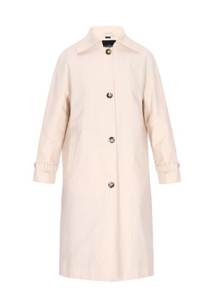 Helebeige veekindel jakk, mis on valmistatud puuvillase segust, klassikalise krae, eest nööbistamise, küljetaskute ja reguleeritavate mansettide rihmadega.