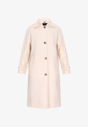 Helebeige veekindel jakk, mis on valmistatud puuvillase segust, klassikalise krae, eest nööbistamise, küljetaskute ja reguleeritavate mansettide rihmadega.