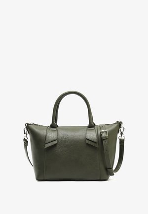 Borsa a mano in pelle verde oliva con una trama martellata, dotata di due manici superiori, tracolla removibile e chiusura a zip.