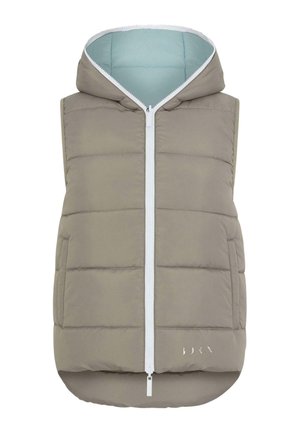 Gilet rembourré beige avec capuche, doté d'une fermeture éclair blanche, de poches latérales et d'une doublure bleu clair. Texture lisse avec un ourlet légèrement arrondi.