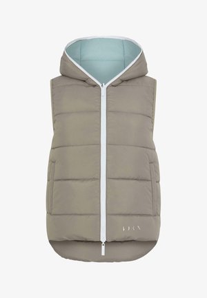 Bežna oblazinjena jopica s kapuco, ki ima belo zadrgo, stranske žepe in svetlo modro podlogo. Gladka tekstura z rahlo zakrivljenim robom.