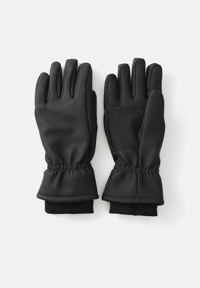 Black insulated gloves with a smooth, matte finish. Features elasticized cuffs and a textured area on the palm for grip.