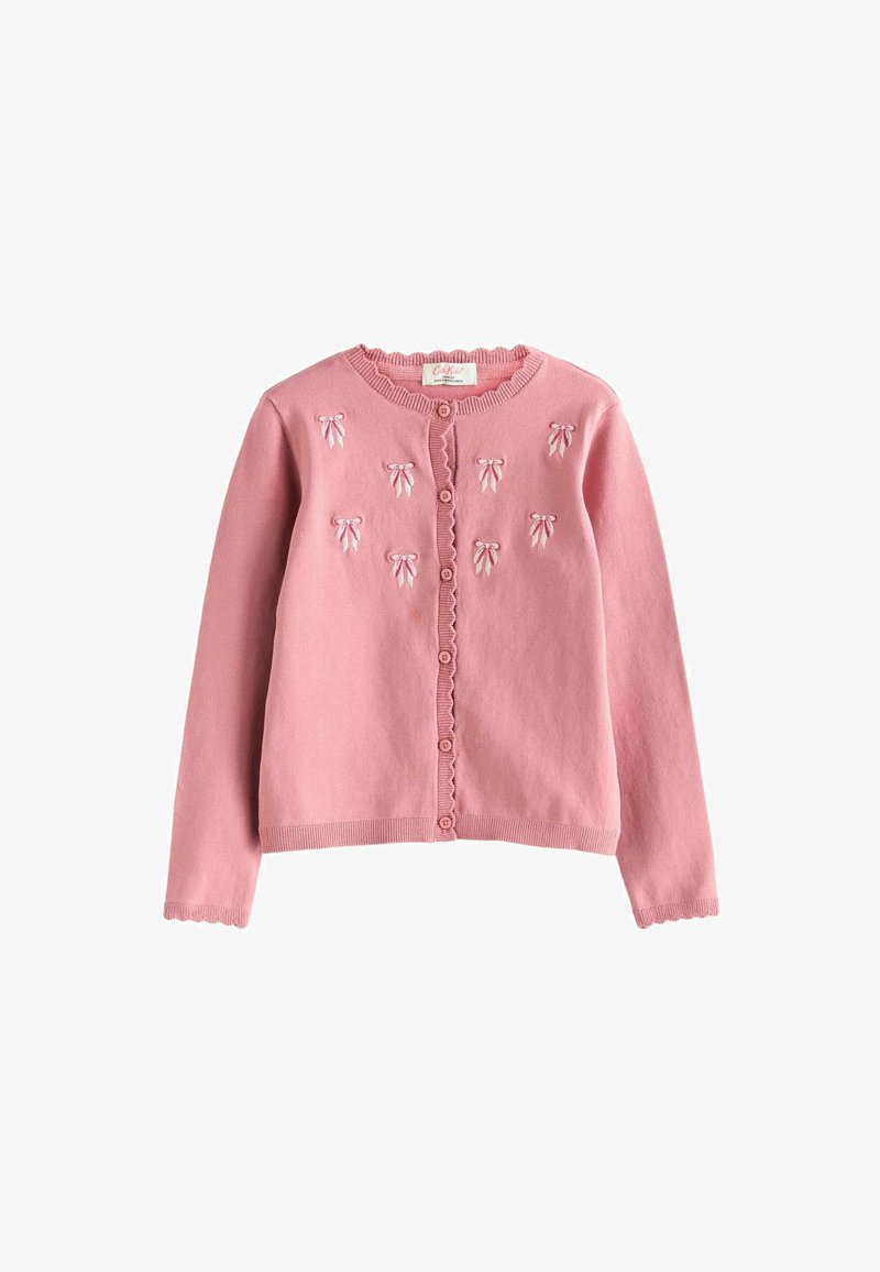 Pige lyserød cardigan med knapper, lange ærmer og små broderede sløjfer på brystet og skuldrene.