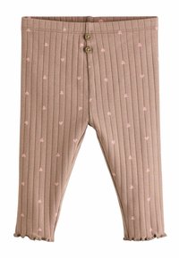 Leggings côtelés brun clair avec des motifs de coeurs roses et des ourlets en volants ; comportent deux boutons décoratifs à la taille.