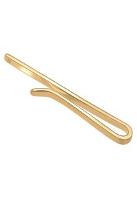 Clip de cravate doré avec un design élancé et épuré, doté d'une texture lisse et réfléchissante ; présente une extrémité incurvée pour un maintien sécurisé.