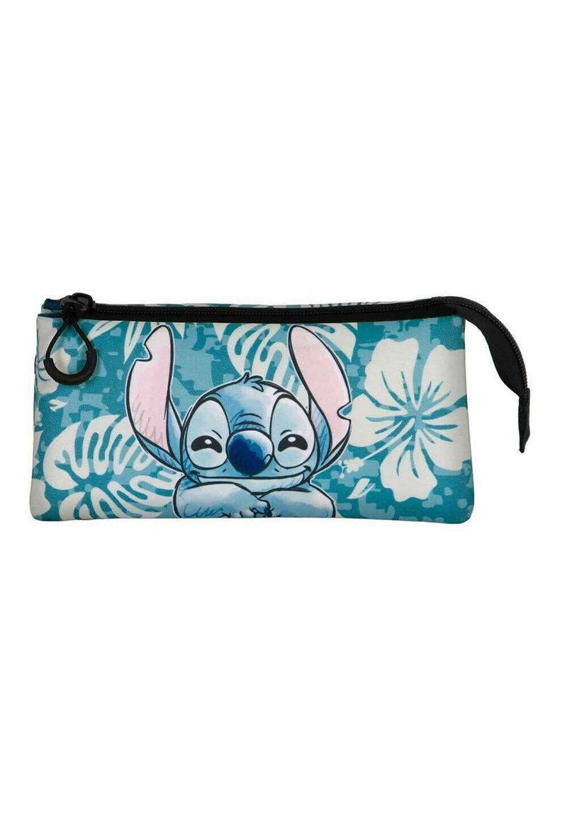 Trousse à crayons présentant un personnage de dessin animé avec des accents bleus et roses sur un fond turquoise orné de motifs floraux blancs. Fermeture éclair noire.