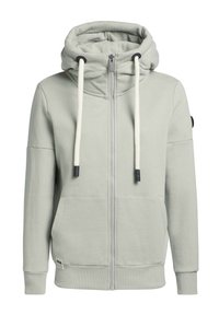 Felpa con zip grigia chiara, dotata di un ampio cappuccio, spesse stringhe bianche, tasche frontali e polsini e orlo a coste.