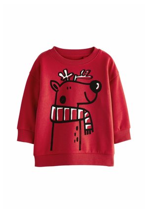 Sweat-shirt rouge pour enfants avec un renne de dessin animé portant une écharpe rayée imprimé sur le devant.