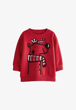Rød børne-sweatshirt med et tegneserie-rensdyr iført en stribet tørklæde trykt på forsiden.