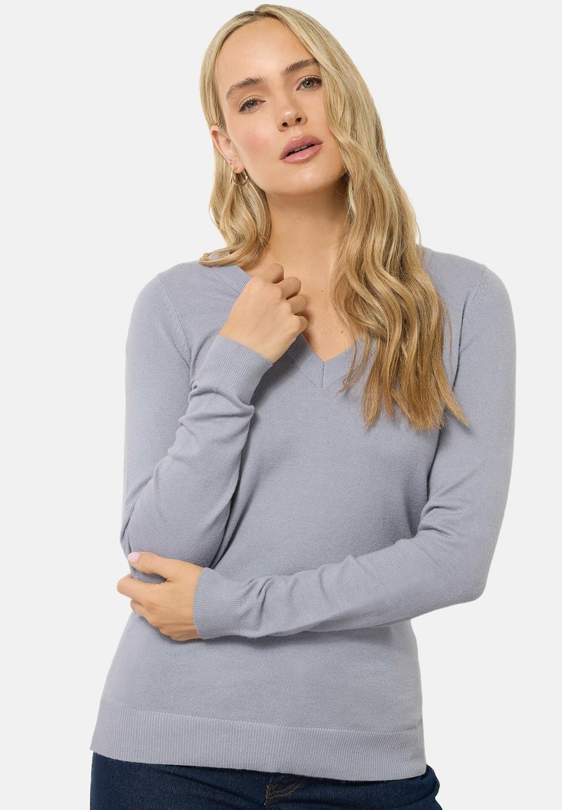 Lichtgrijze V-hals sweater gemaakt van zacht materiaal, met lange mouwen en een geribbelde zoom, met een getailleerd ontwerp dat de silhouet flatteert.