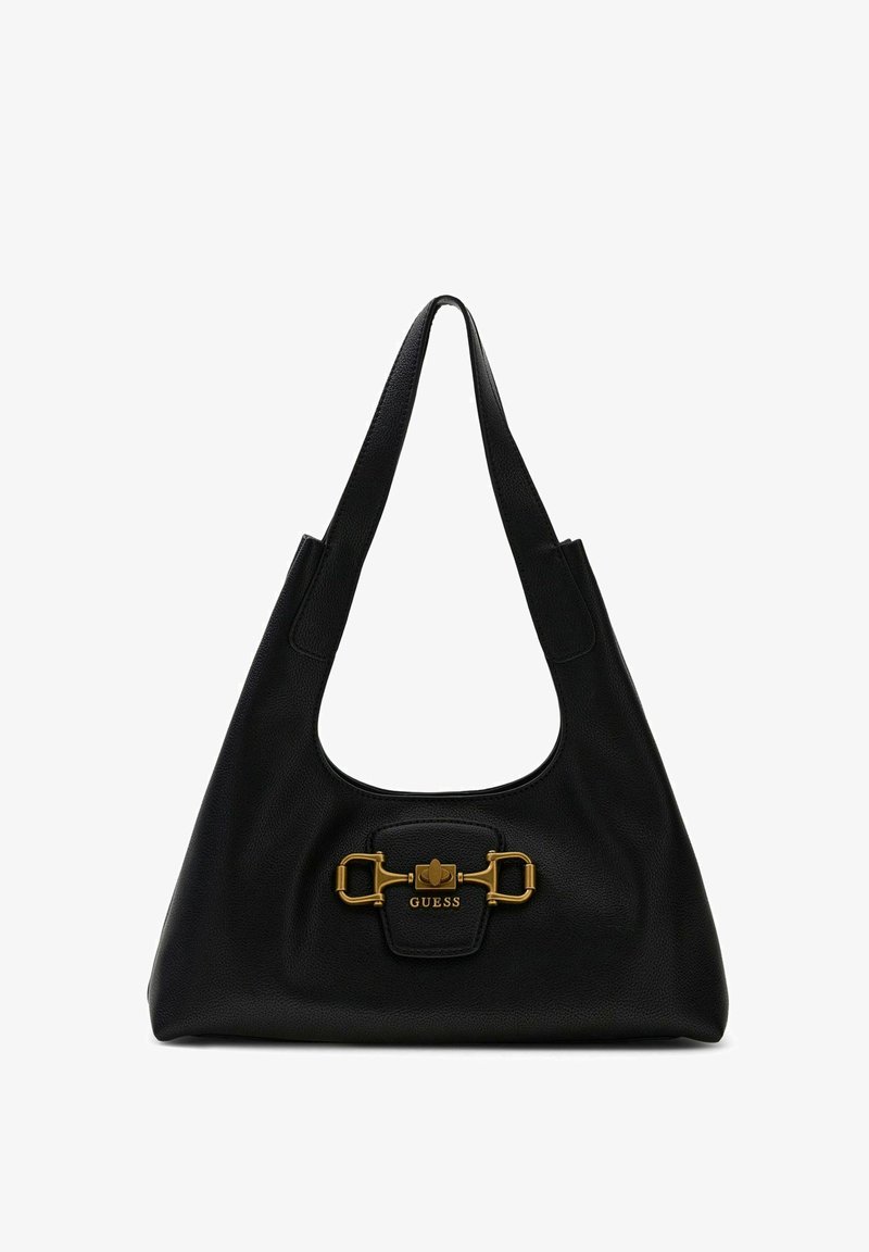 Sac à bandoulière en cuir noir avec une fermeture dorée et un détail de logo "GUESS" centré à l'avant.