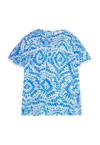Top blu e bianco con un motivo a distanza, caratterizzato da un design fluido, maniche corte e un accento in pizzo lungo il colletto e l'orlo.