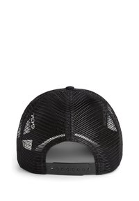 Black mesh cap with a curved brim, adjustable snapback closure, and solid black accents. Features a breathable design for ventilation.