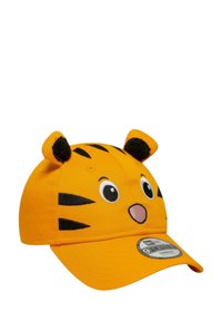 Orangenes Baseball-Cap mit schwarzen Tigerstreifen, runden Augen und einer Nase. Mit Stoffohren oben und einem gebogenen Schirm. 9FORTY-Stil.