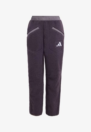Dark purple fleece pants with elastic waistband, slanted front pockets, and a small white and black Adidas logo on the right pocket.