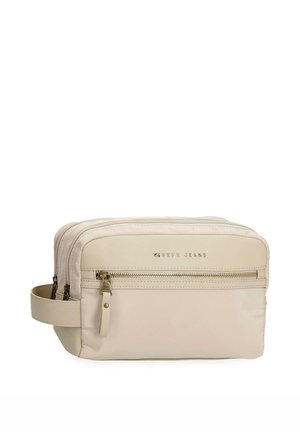 Bolsa de aseo rectangular beige con compartimentos de doble cremallera, bolsillo delantero con cremallera, asa lateral y logo "PEPE JEANS".