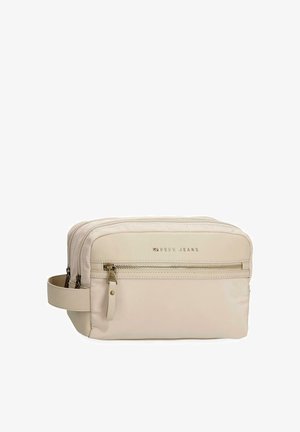 Bolsa de aseo rectangular beige con compartimentos de doble cremallera, bolsillo delantero con cremallera, asa lateral y logo "PEPE JEANS".