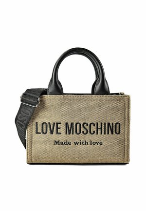 Sac à main rectangulaire en tissu beige Love Moschino avec poignées en cuir noir et bandoulière noire réglable.