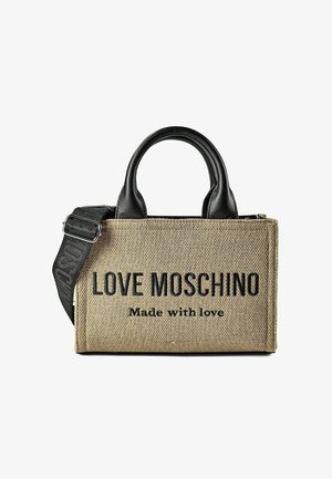 Rechthoekige beige stoffen handtas van Love Moschino met zwarte leren handvatten en een verstelbare zwarte schouderriem.