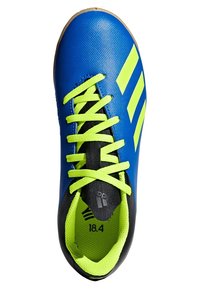 Blue athletic shoe with black accents, lime green laces, and three white stripes. Features a textured upper and a rubber sole. Size 18.4.