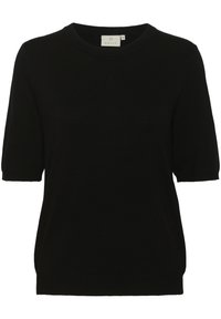 Czarny sweter z krótkim rękawem wykonany z miękkiej dzianiny. Posiada okrągły dekolt oraz prążkowany doł. Prosty design bez wzorów ani ozdób.