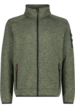 Vihreä fleece-takki, jossa on korkea kaulus, edessä vetoketjusuljin ja kaksi sivutaskua. Sisältää mustia yksityiskohtia ja tekstuuria neulottua materiaalia.