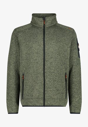 Vihreä fleece-takki, jossa on korkea kaulus, edessä vetoketjusuljin ja kaksi sivutaskua. Sisältää mustia yksityiskohtia ja tekstuuria neulottua materiaalia.