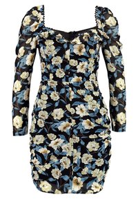 Robe noire à fleurs avec manches longues, présentant des motifs de fleurs jaunes et bleues, des épaules bouffantes, un col à volants et des détails froncés sur le côté.