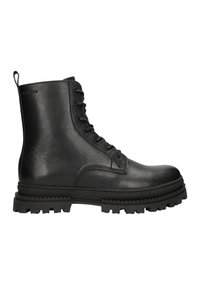Stivale ankle in pelle nera con punta tonda, chiusura con lacci e suola in gomma spessa. Presenta una texture liscia e dettagli di design minimalisti.