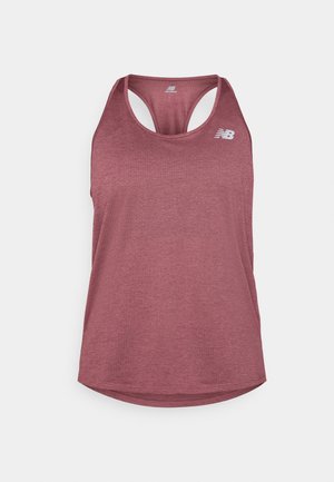 Maroon women's tank top with a scoop neck, racerback design, textured fabric, and a small white logo on the upper left. Rounded hem.