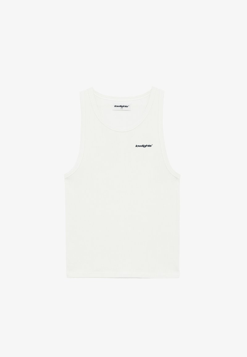 Débardeur en coton blanc avec une texture côtelée, un col rond et un petit logo bleu sur la poitrine gauche. Design sans manches classique.