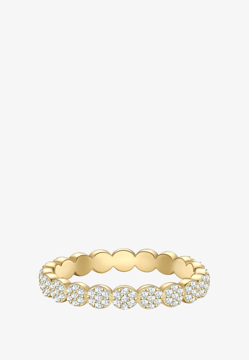 Zlati prstan z okroglimi settingi, okrašenimi z majhnimi rhinestones, ki ustvarjajo bleščeč učinek. Gladek poliran notranji del.
