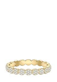 Zlati prstan s valovitim vzorcem in več okrašenimi deli, vsak opremljen z grozdom belih kamnov za sijaj.