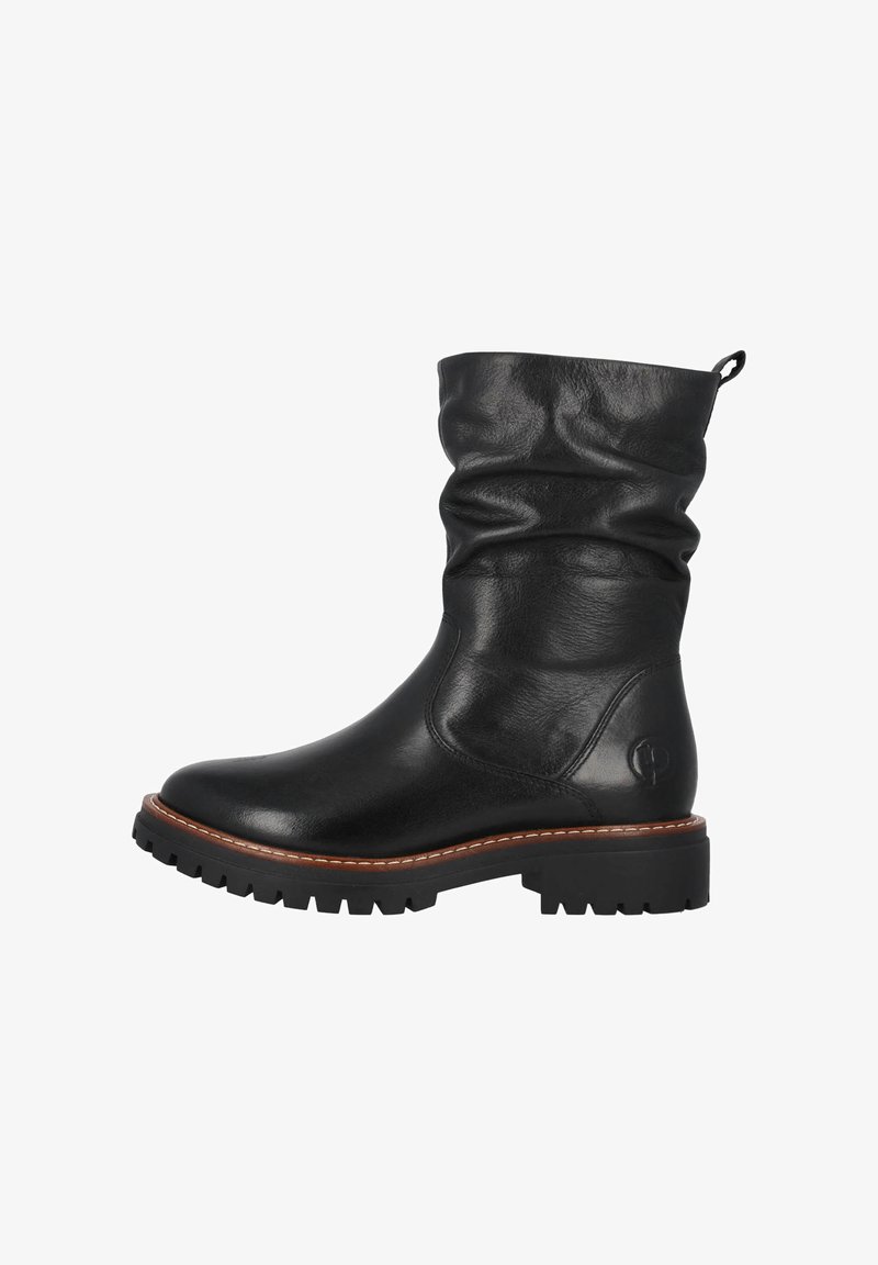 Black leather ankle boot with a slouched design, rubber sole, and stitched detail around the base. Features a pull-tab on the heel.