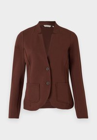 Brauner maßgeschneiderter Blazer aus geripptem Stoff, mit einem Reverskragen, zwei vorderen Taschen und zwei Knopfverschluss.